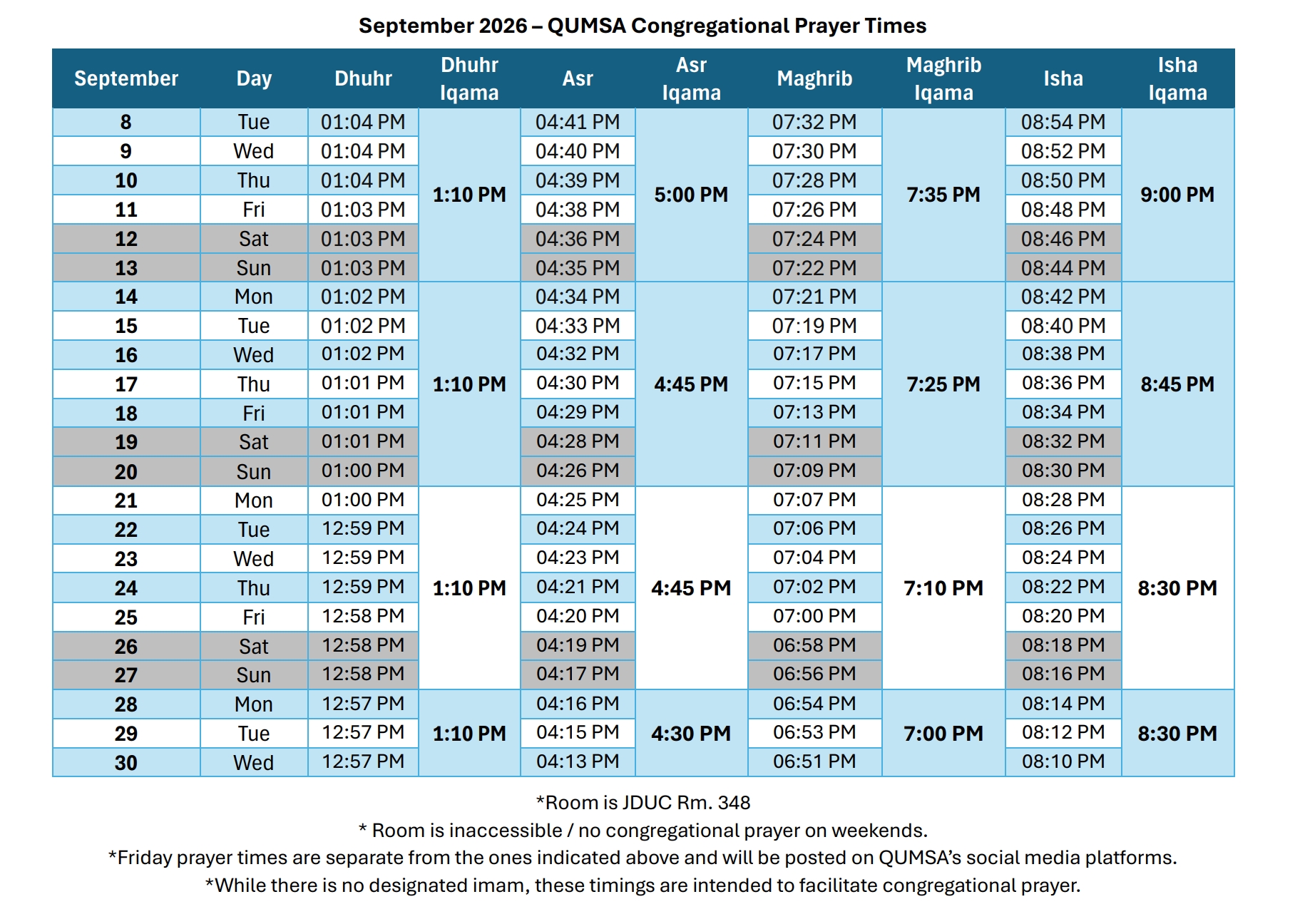 Monthly QUMSA Congregational Prayer Times
